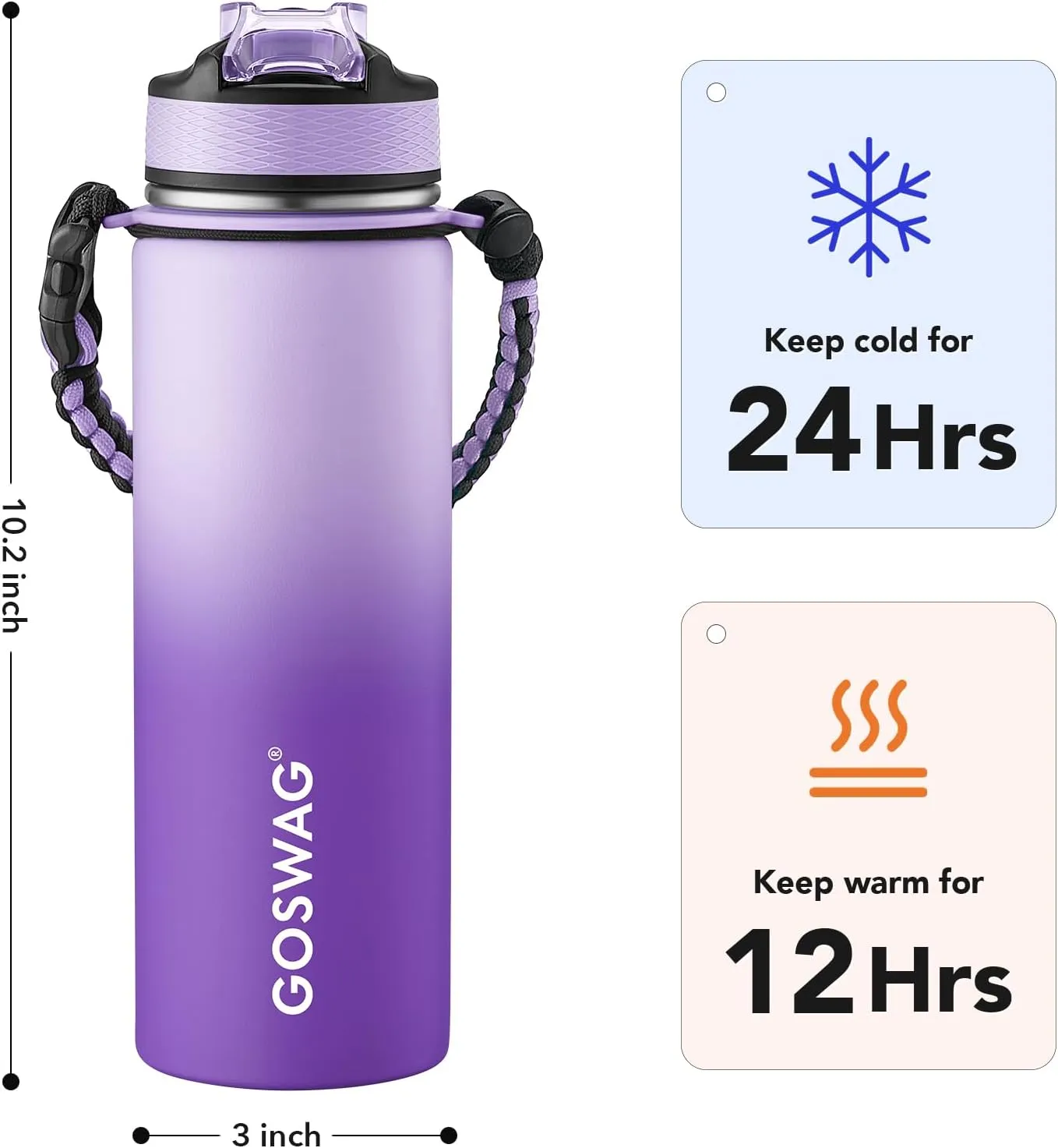 GOSWAG Insulated Sports Water Bottle, 24oz 2 Lids(with Straw/No Straw), Stainless Steel Water Bottles with Paracord Handle, Insulated Thermos with Double-Wall Vacuum Insulation