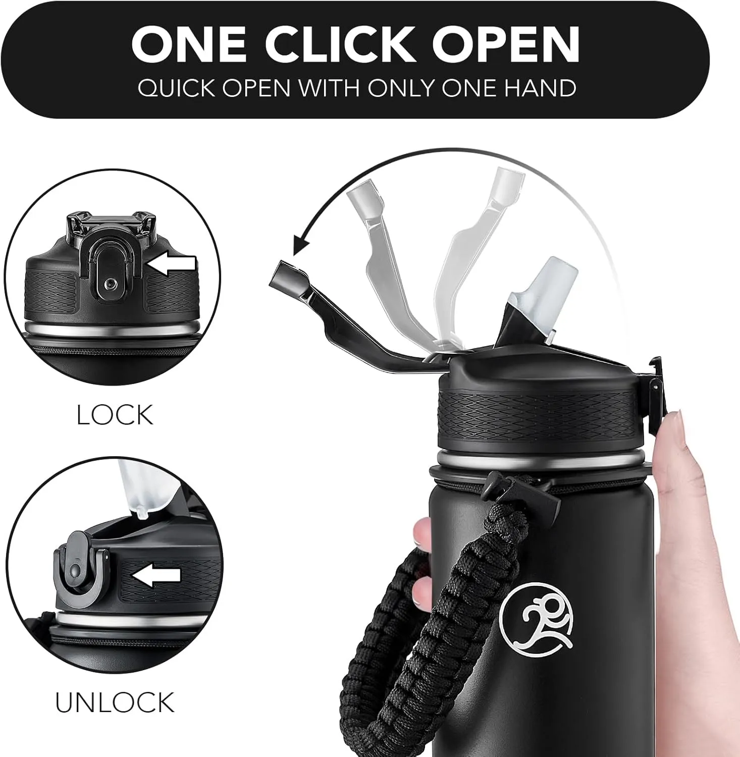 GOSWAG Insulated Sports Water Bottle, 24oz 2 Lids(with Straw/No Straw), Stainless Steel Water Bottles with Paracord Handle, Insulated Thermos with Double-Wall Vacuum Insulation