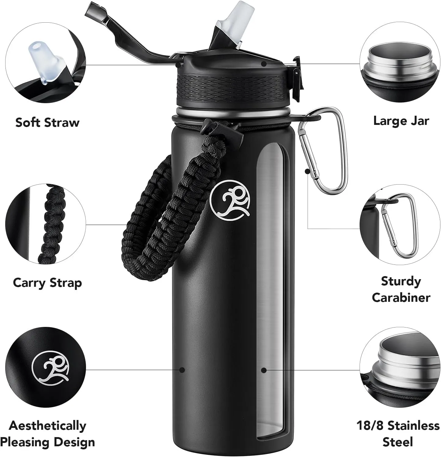 GOSWAG Insulated Sports Water Bottle, 24oz 2 Lids(with Straw/No Straw), Stainless Steel Water Bottles with Paracord Handle, Insulated Thermos with Double-Wall Vacuum Insulation