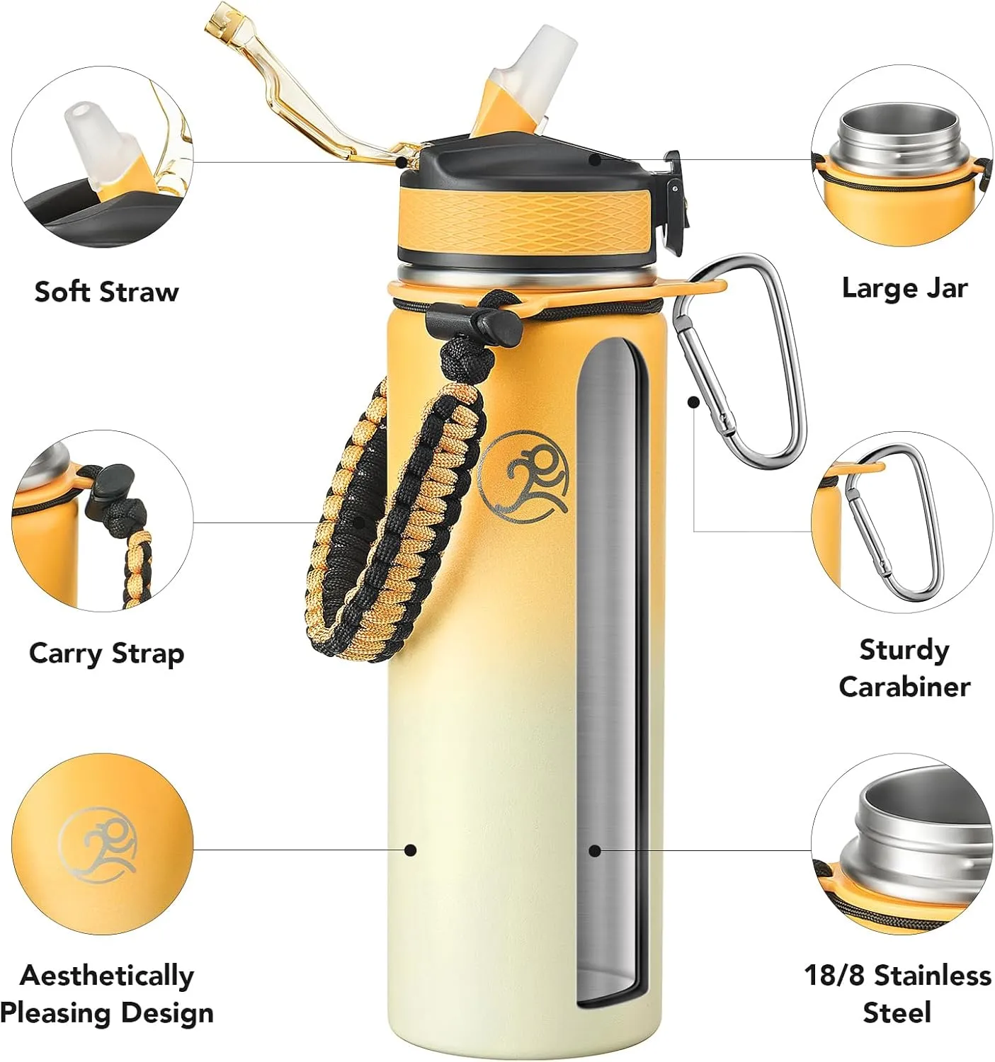 GOSWAG Insulated Sports Water Bottle, 24oz 2 Lids(with Straw/No Straw), Stainless Steel Water Bottles with Paracord Handle, Insulated Thermos with Double-Wall Vacuum Insulation
