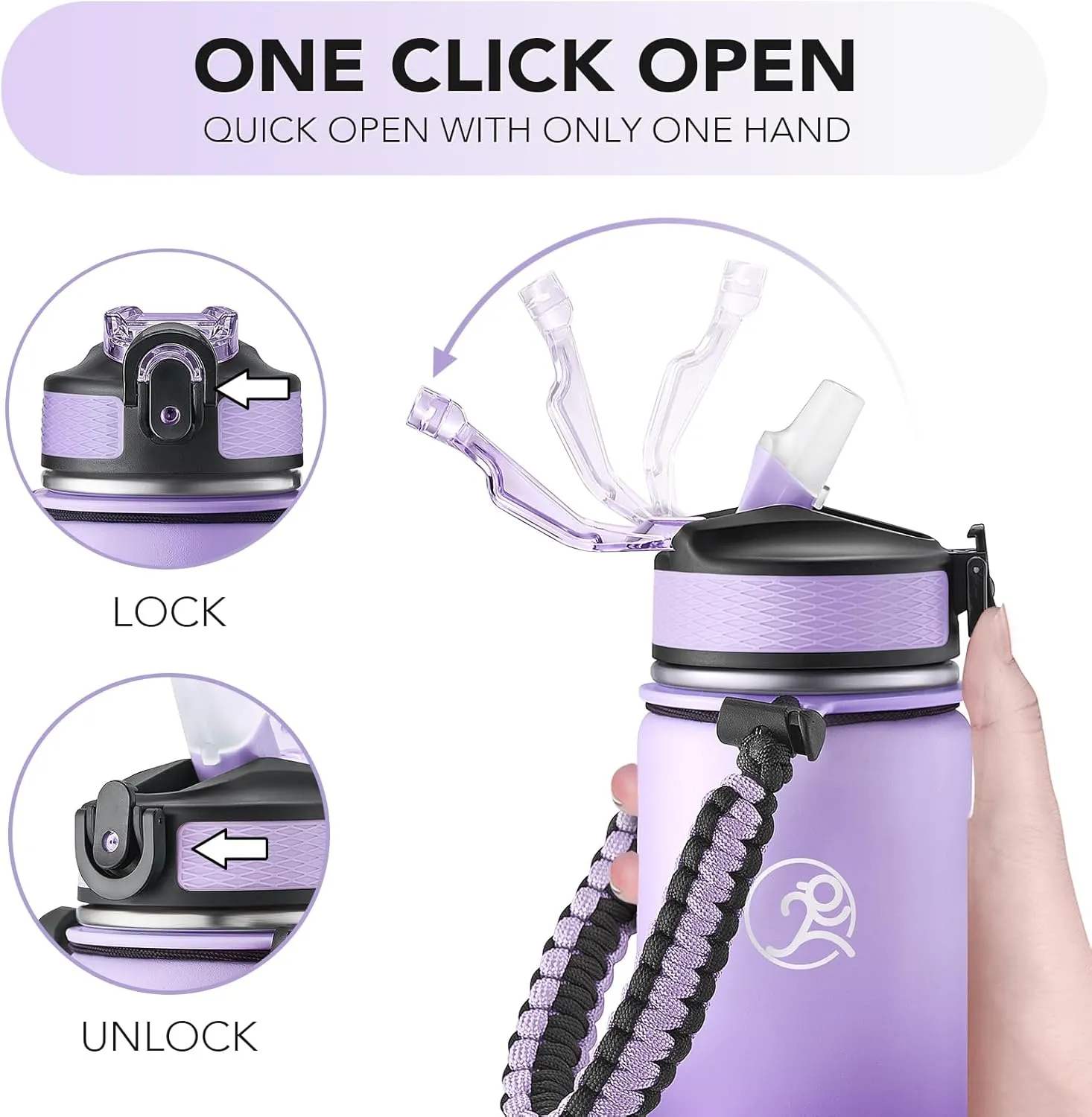 GOSWAG Insulated Sports Water Bottle, 24oz 2 Lids(with Straw/No Straw), Stainless Steel Water Bottles with Paracord Handle, Insulated Thermos with Double-Wall Vacuum Insulation