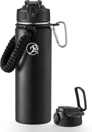 GOSWAG Insulated Sports Water Bottle, 24oz 2 Lids(with Straw/No Straw), Stainless Steel Water Bottles with Paracord Handle, Insulated Thermos with Double-Wall Vacuum Insulation