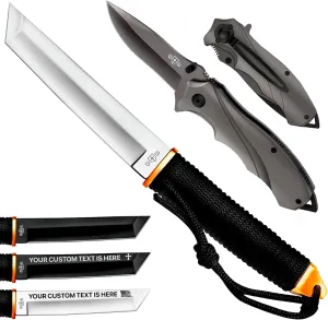 Grand Way Tanto Camping Knife with Sheath – 3  Colors – 5.9" Fixed Full Tang Mirror Polished Blade – Pocket Knife for Men – Best Folding Knives with Glass Breaker and Pocket Clip