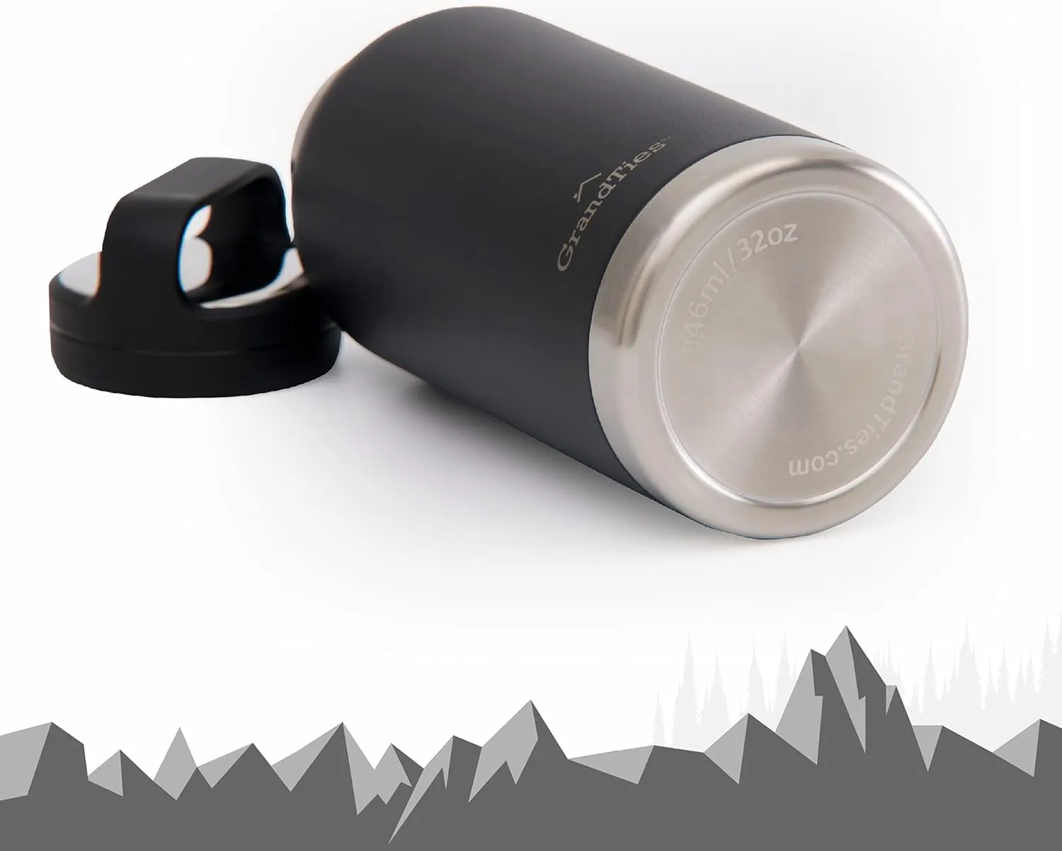 GRANDTIES 2 Lids Sports Stainless Steel Water Bottles – Wide Mouth Vacuum Insulated Reusable Leak Proof BPA-Free Travel Metal Canteen, Thermos Bottles for Men Women Gym (Midnight Black 32 oz)