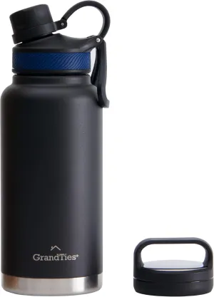 GRANDTIES 2 Lids Sports Stainless Steel Water Bottles – Wide Mouth Vacuum Insulated Reusable Leak Proof BPA-Free Travel Metal Canteen, Thermos Bottles for Men Women Gym (Midnight Black 32 oz)