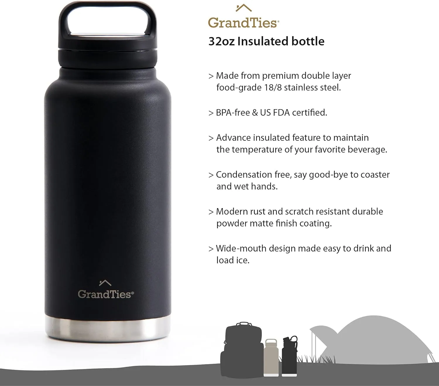 GRANDTIES 2 Lids Sports Stainless Steel Water Bottles – Wide Mouth Vacuum Insulated Reusable Leak Proof BPA-Free Travel Metal Canteen, Thermos Bottles for Men Women Gym (Midnight Black 32 oz)