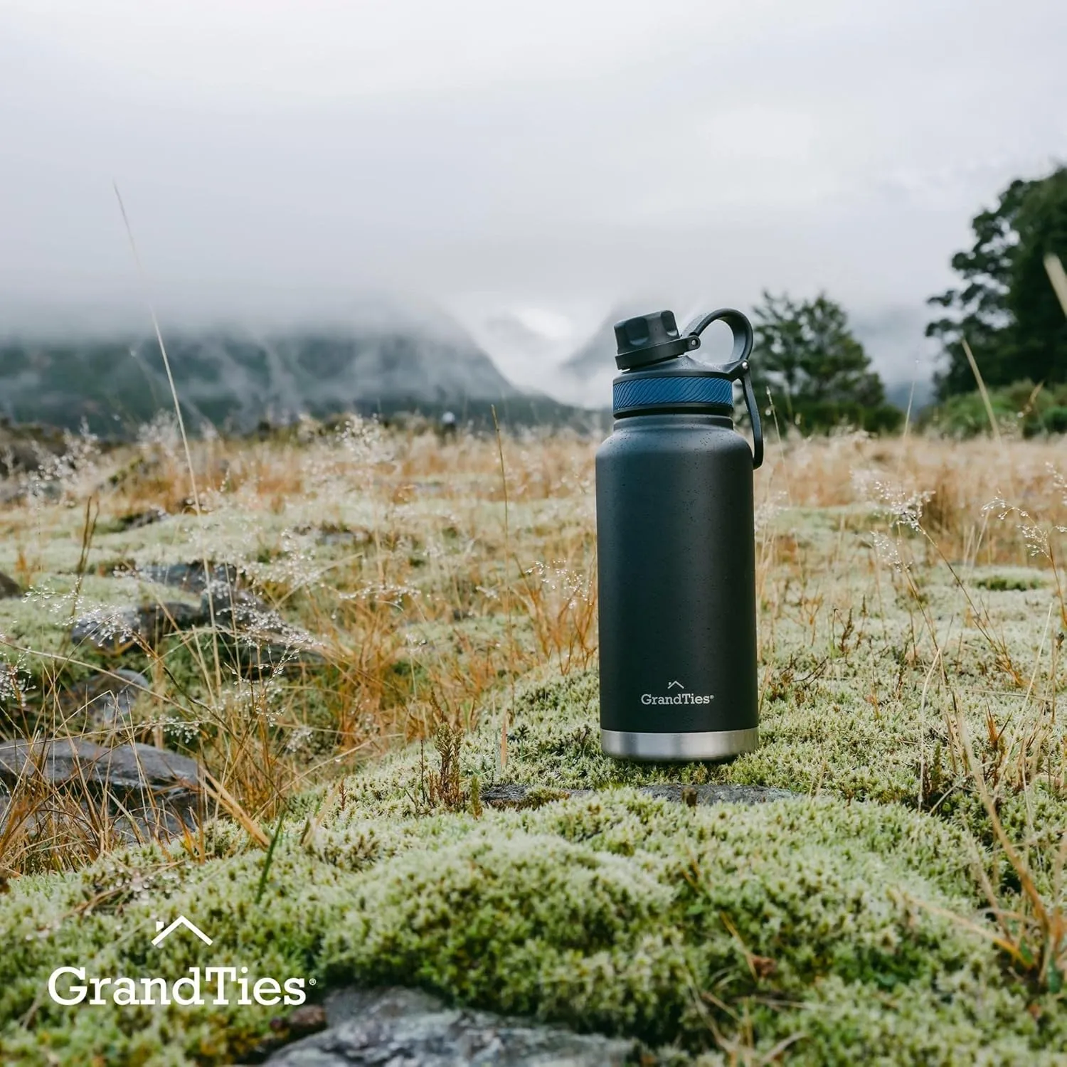 GRANDTIES 2 Lids Sports Stainless Steel Water Bottles – Wide Mouth Vacuum Insulated Reusable Leak Proof BPA-Free Travel Metal Canteen, Thermos Bottles for Men Women Gym (Midnight Black 32 oz)