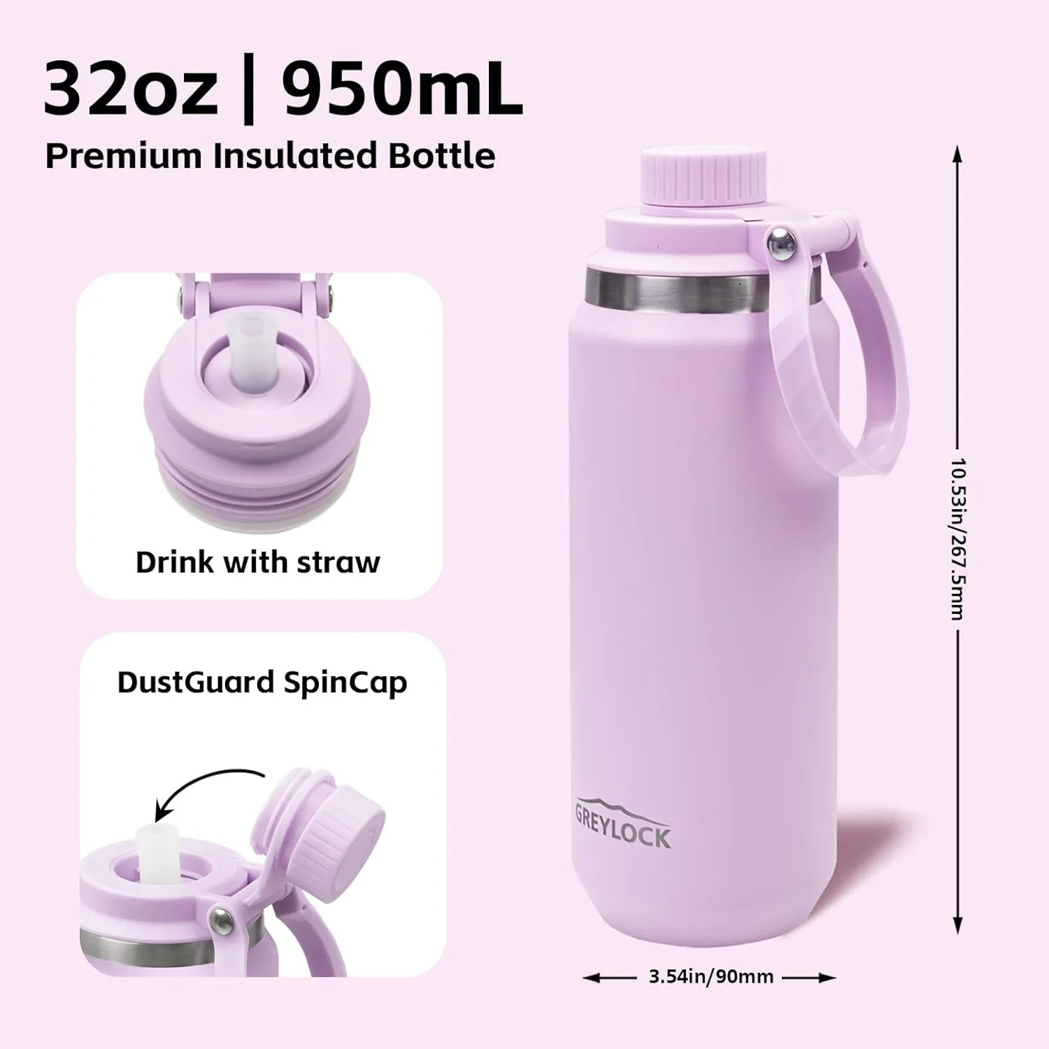 GREYLOCK 32 oz Insulated Water Bottle with Straw Lid, Leakproof Reusable Stainless Steel Vacuum Flask, 24hr Cold & Hot, Carry Handle & Silicone Spout, BPA-Free for Gym, Hiking, Travel, Purple