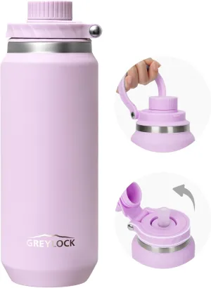 GREYLOCK 32 oz Insulated Water Bottle with Straw Lid, Leakproof Reusable Stainless Steel Vacuum Flask, 24hr Cold & Hot, Carry Handle & Silicone Spout, BPA-Free for Gym, Hiking, Travel, Purple