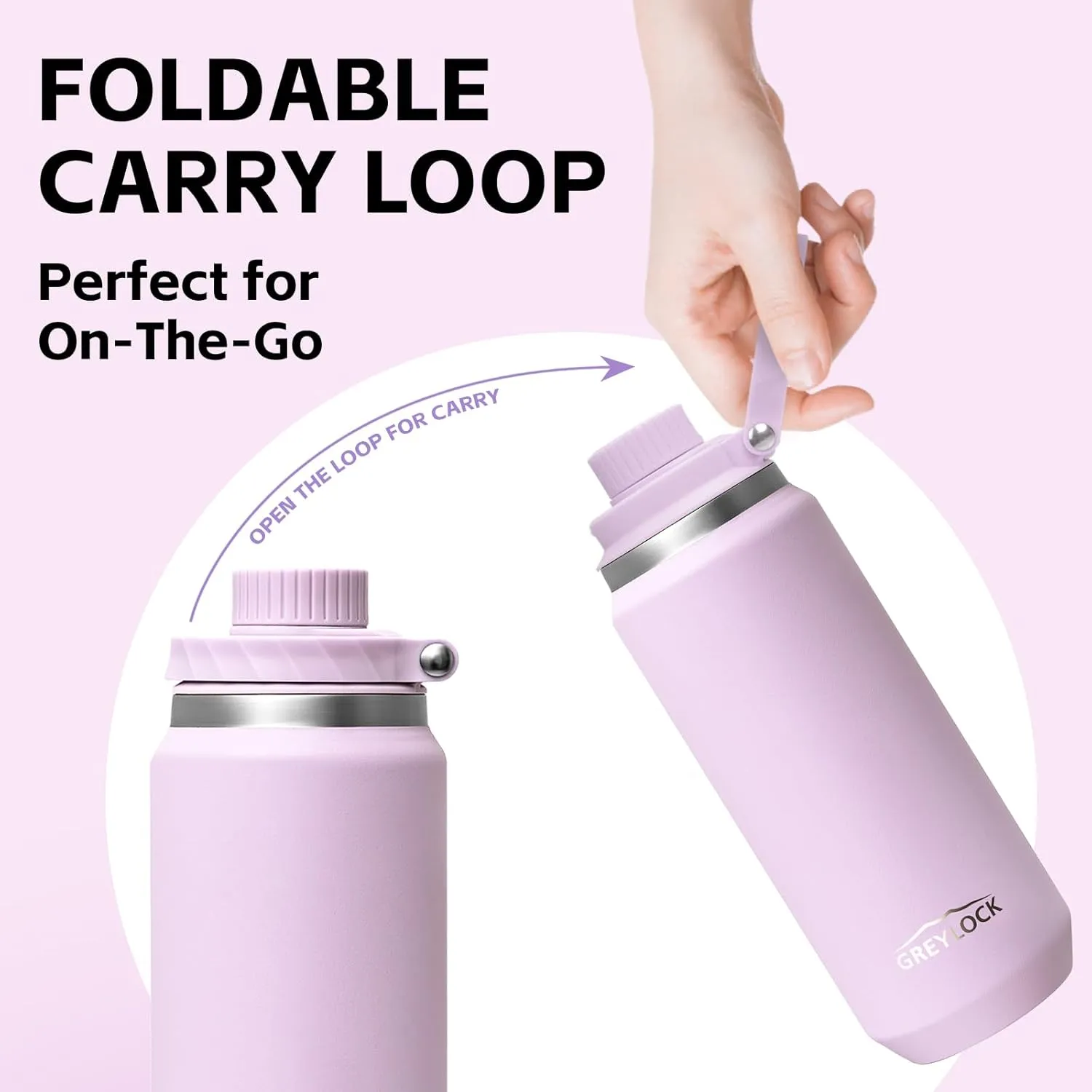 GREYLOCK 32 oz Insulated Water Bottle with Straw Lid, Leakproof Reusable Stainless Steel Vacuum Flask, 24hr Cold & Hot, Carry Handle & Silicone Spout, BPA-Free for Gym, Hiking, Travel, Purple