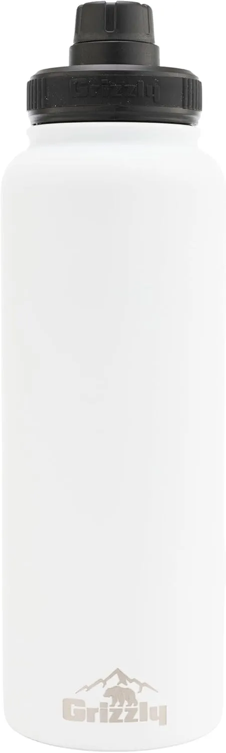 Grizzly 40oz Water Bottle | Vacuum Insulated | Leak Resistant Lid | Stainless Steel | For Gym Hiking Beach Sports Camping | White