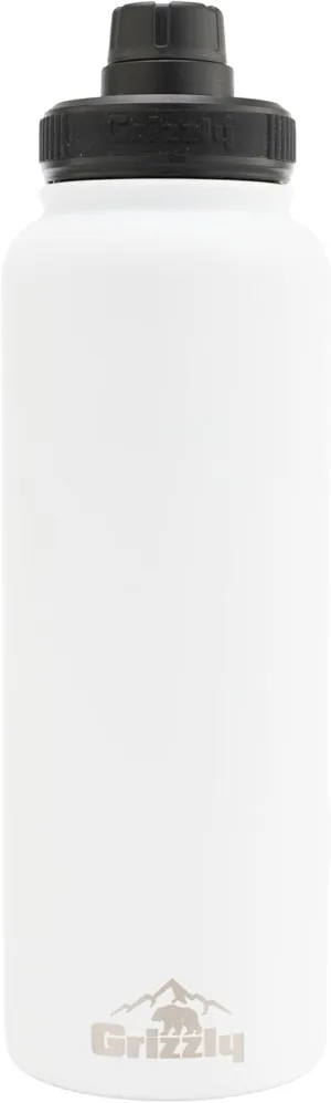 Grizzly 40oz Water Bottle | Vacuum Insulated | Leak Resistant Lid | Stainless Steel | For Gym Hiking Beach Sports Camping | White