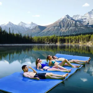 GYMAX Floating Water Mat, 12' x 6' Foam Water Floating Pad with Safe Bungee Tether and Storage Straps, 3-Layer XPE Foam Floating Island for Pool Lake River Outdoor Water Activities (Blue)