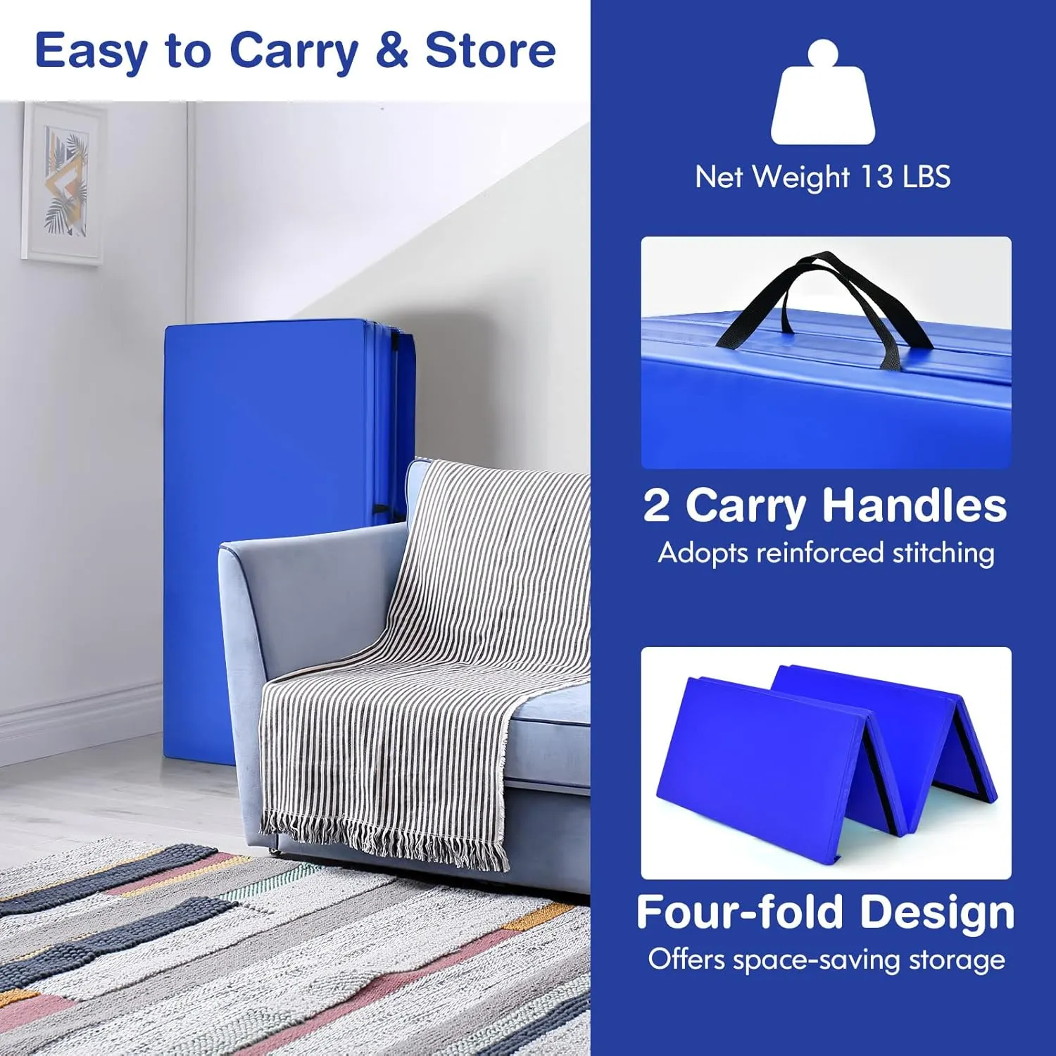 GYMAX Gymnastics Mat, 4 FT x 8 FT x 2 Inches Folding Exercise Mat w/Carry Handles & Sturdy Stitching Waterproof Cover, Tumbling Mat for Yoga Stretching Martial Arts Home Gym