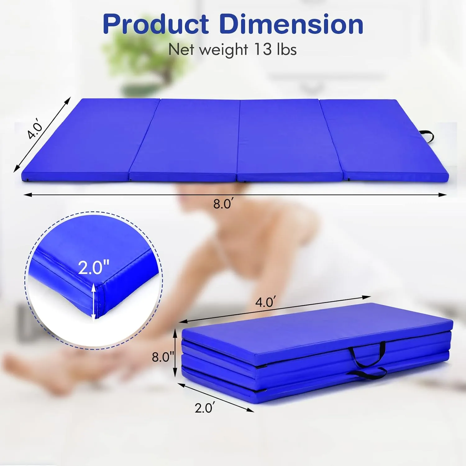 GYMAX Gymnastics Mat, 4 FT x 8 FT x 2 Inches Folding Exercise Mat w/Carry Handles & Sturdy Stitching Waterproof Cover, Tumbling Mat for Yoga Stretching Martial Arts Home Gym
