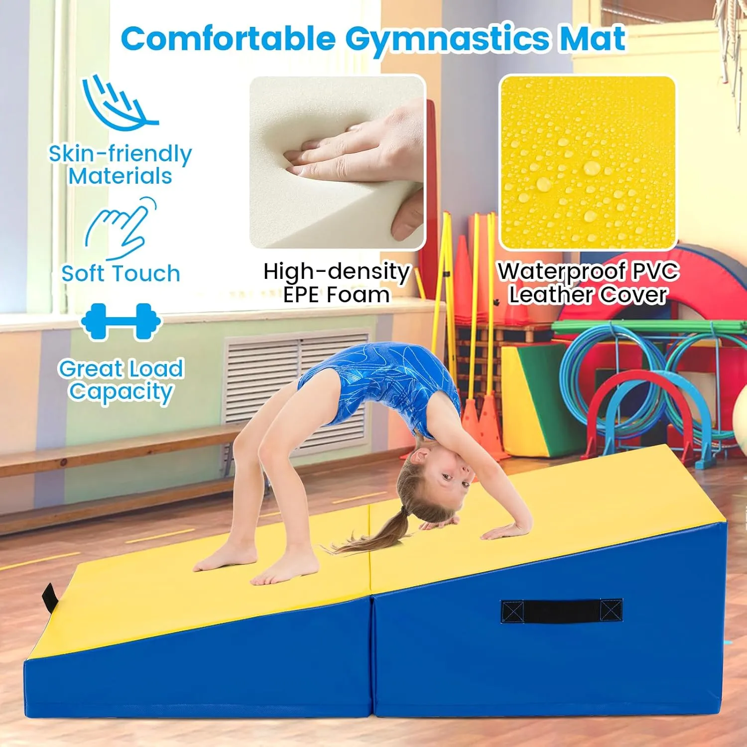 GYMAX Gymnastics Mat, 48‘’ x 24’’ Folding Incline Cheese Wedge Mat with Waterproof Cover, Hook & Loop Fasteners, Carrying Handle, Tumbling Mat for Exercise, Yoga, Home Gym Fitness