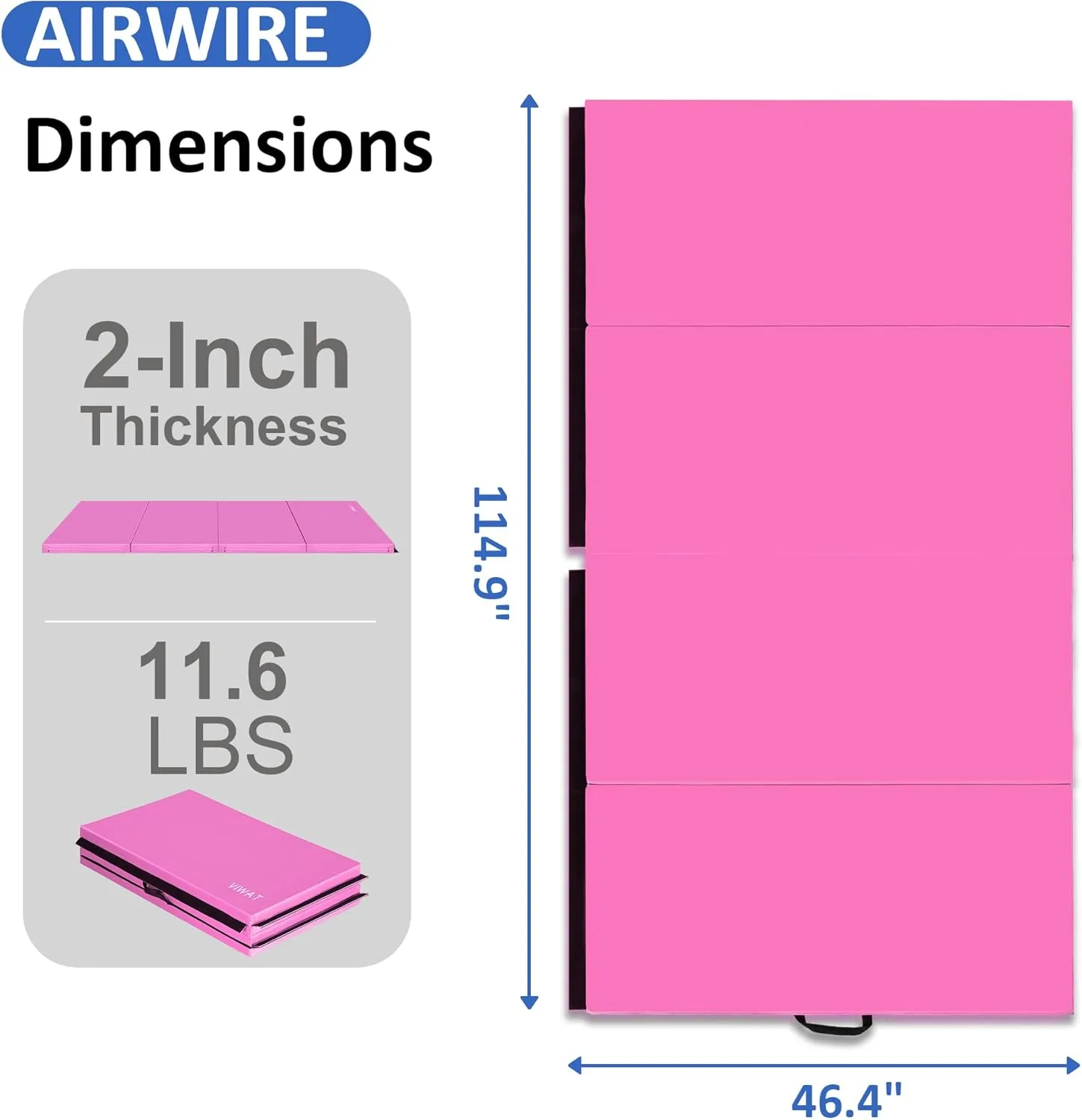 Gymnastics Mat 4'x10'x2" Thick Tumbling Mat with Carrying Handles Floding Interlocking Gym Mat for Gymnastics, Wrestling, MMA, Martial Arts, Stretching, Core Workouts
