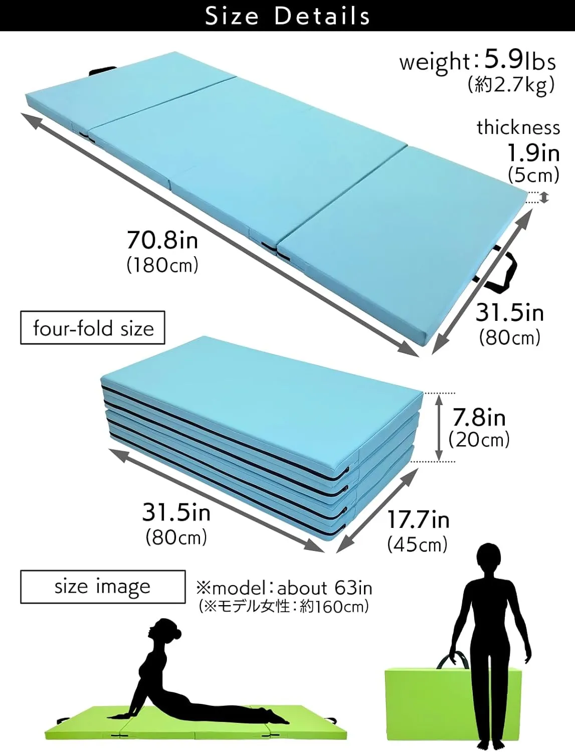 Gymnastics Mat Folding Stretch Mats 71"x31"x2" Exercise Muscle Training Children Play Horizontal Bar Mat Yoga Sports Soundproof Home Use