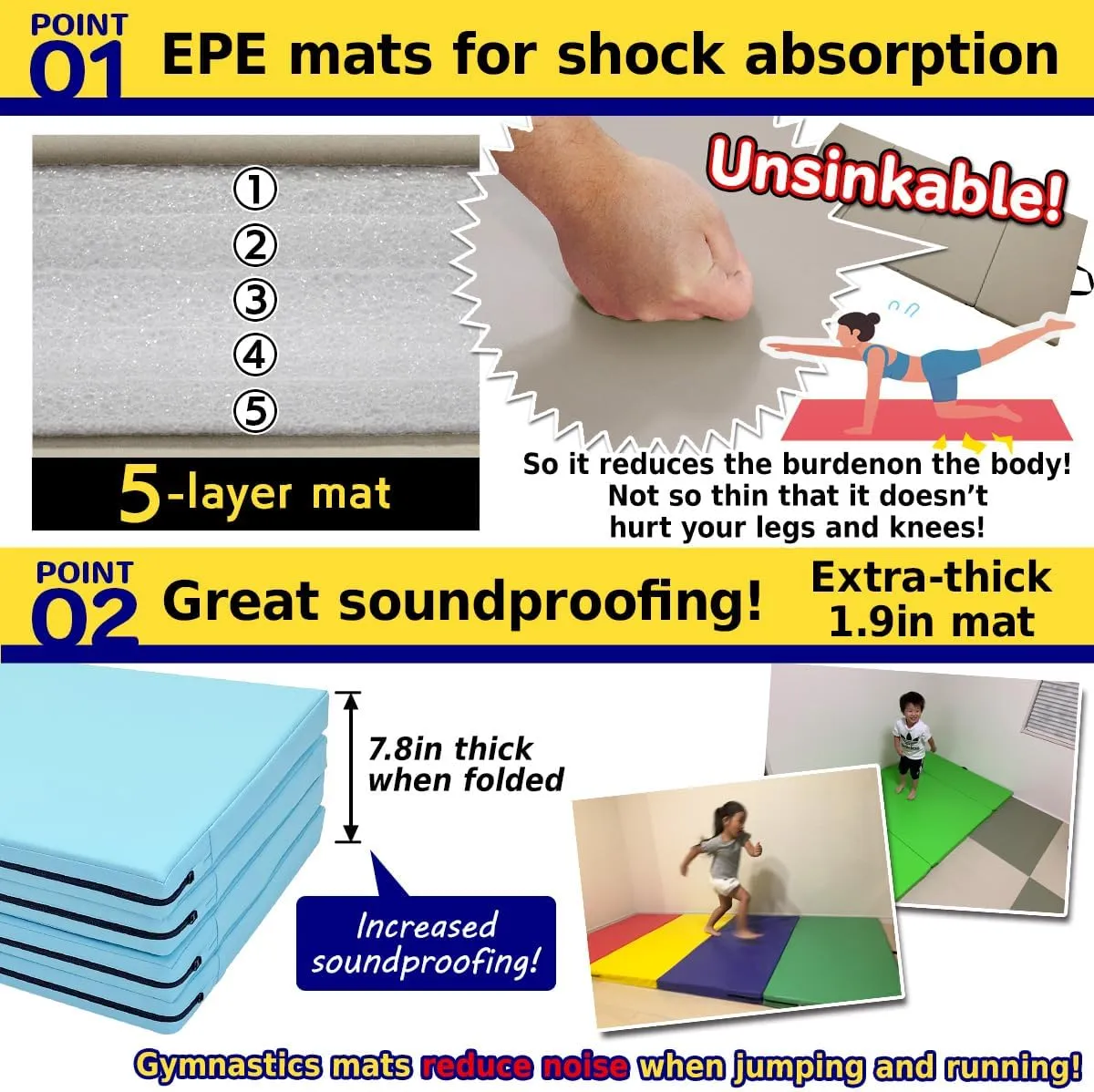 Gymnastics Mat Folding Stretch Mats 71"x31"x2" Exercise Muscle Training Children Play Horizontal Bar Mat Yoga Sports Soundproof Home Use