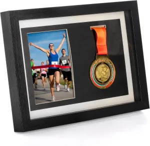 Hacaroa Medal Display Shadow Box, Single Medal and Photo Display Frame Case, Wood Marathon Medal Storage Box for Runners, All Sports Winners, Military Awards, Black