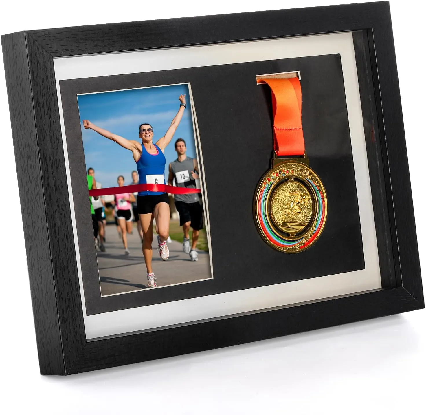 Hacaroa Medal Display Shadow Box, Single Medal and Photo Display Frame Case, Wood Marathon Medal Storage Box for Runners, All Sports Winners, Military Awards, Black