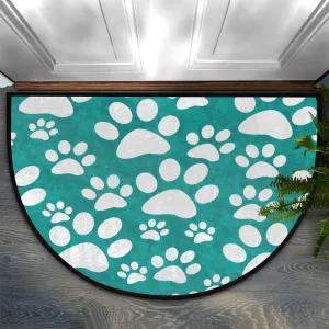 Half Round Door Mat Indoor Entrance Animal Cat Dog Paw Print Teal Home Decor Non Slip Absorbent Doormats, 24 x 16 Wear Resistant Semi Circle Floor Mats Area Rugs for Kitchen