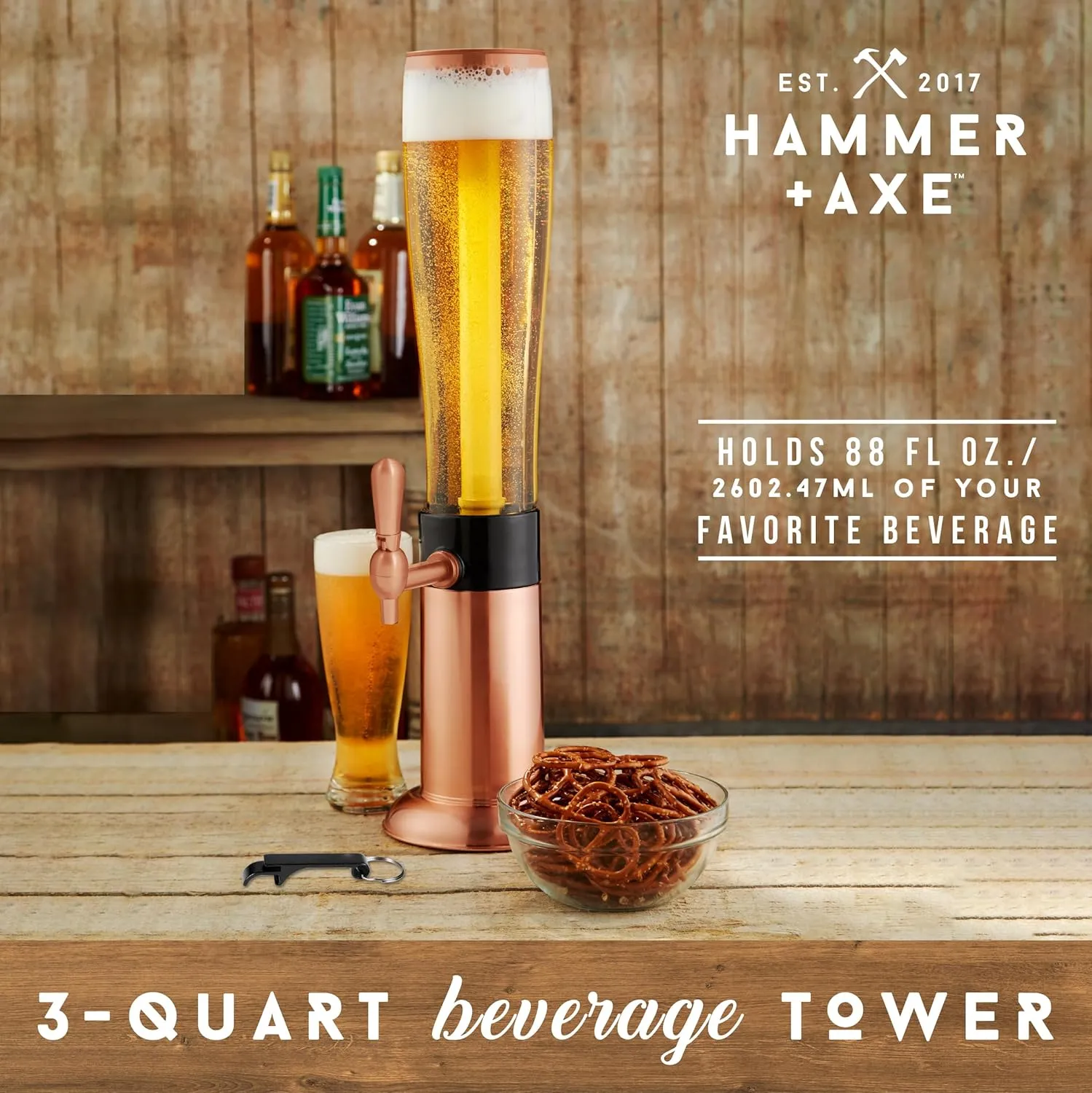 Hammer   Axe Beverage Drink Dispenser, Ice Rod Cooler & Bottle Opener, Large Capacity Holds 7 Beer Cans, Home Bar Accessory, Tailgate BBQ Party Supply Essential, Margarita Mimosa Tea Tower Dispenser