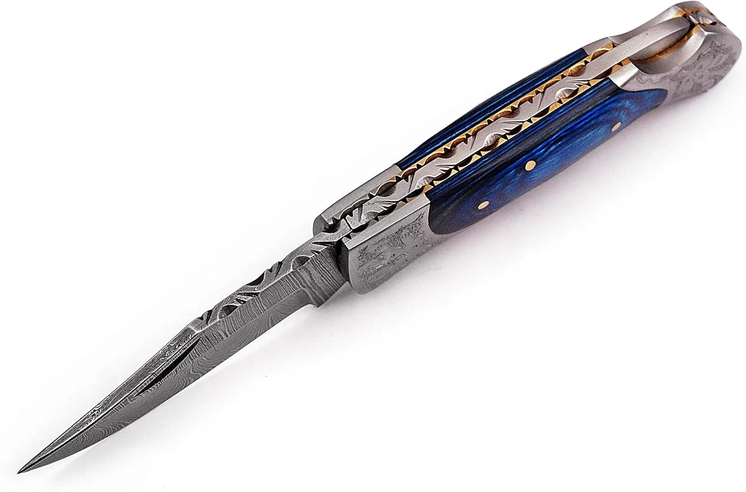 Hand made Damascus steel blade Folding/Pocket Hunting knife , Razor Sharp Edge with leather sheath 5170 (Blue) knives for men best gift
