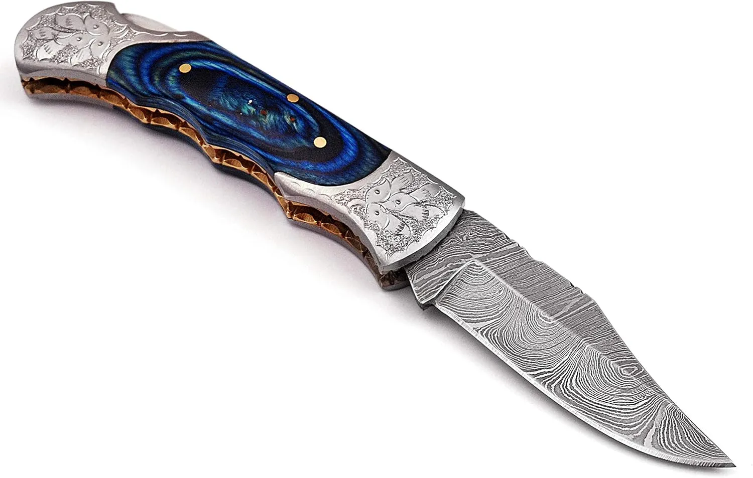 Hand made Damascus steel blade Folding/Pocket Hunting knife , Razor Sharp Edge with leather sheath 5170 (Blue) knives for men best gift