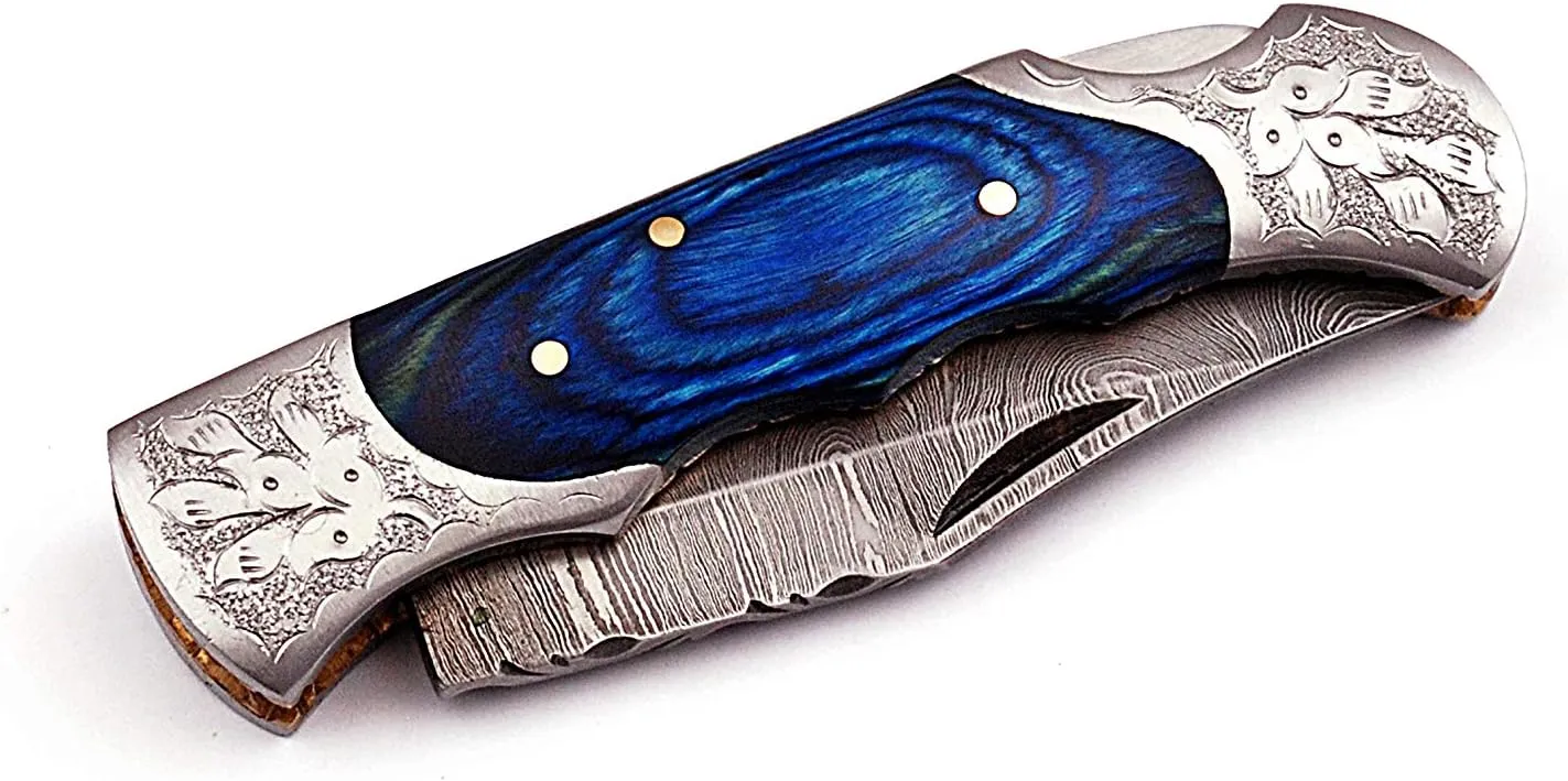 Hand made Damascus steel blade Folding/Pocket Hunting knife , Razor Sharp Edge with leather sheath 5170 (Blue) knives for men best gift