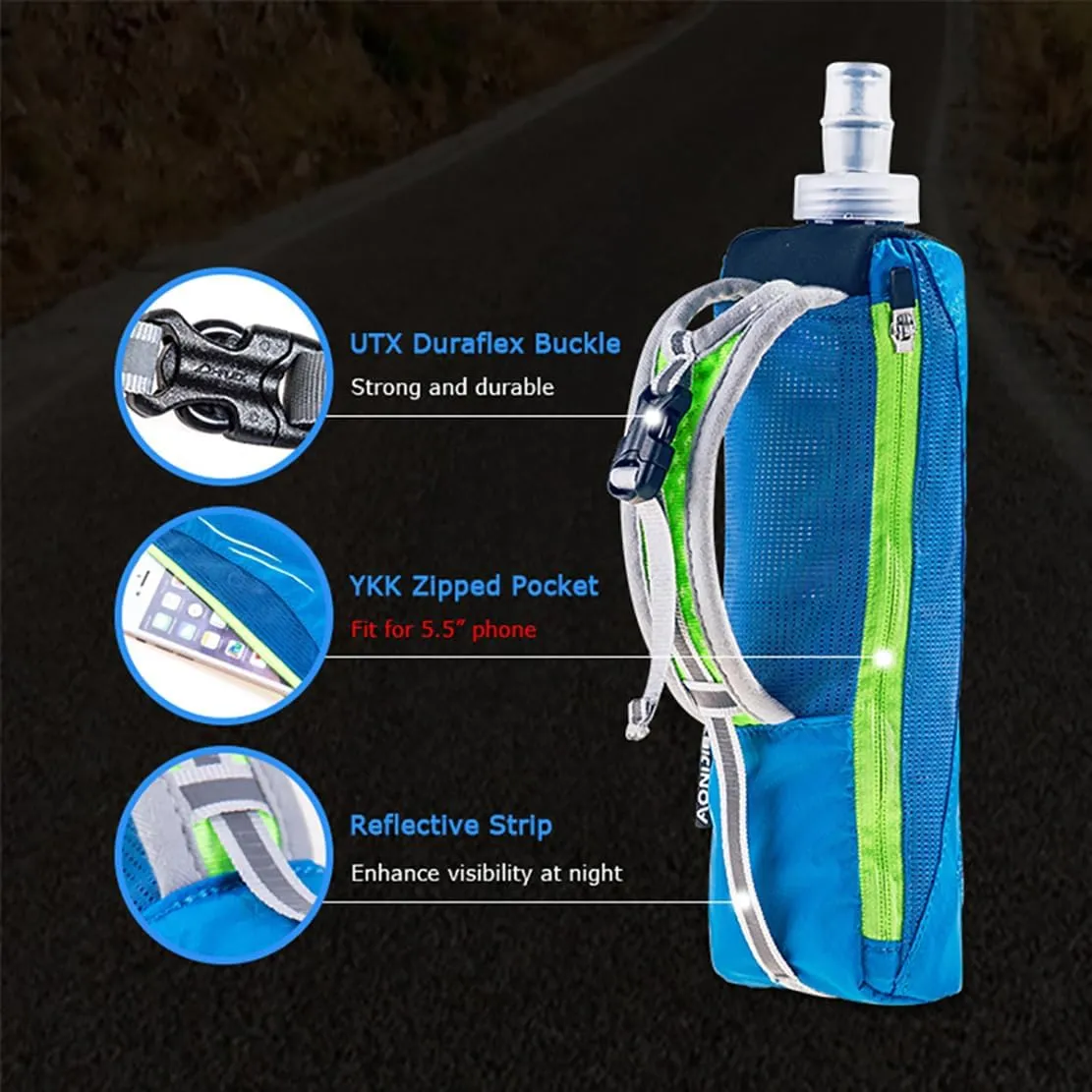 Handheld Soft Water Bottle Collapsible for Running, Hand Strap Hydration Pack with 450ml Handheld Soft Flask Water Bottle (A1#Blue)