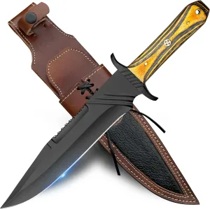 Handmade 14-inch Bowie knife- Fixed Blade Hunting Knife with Leather Sheath -Ideal for Camping, Hiking, Survival - Wooden Handle, BLACK YELLOW