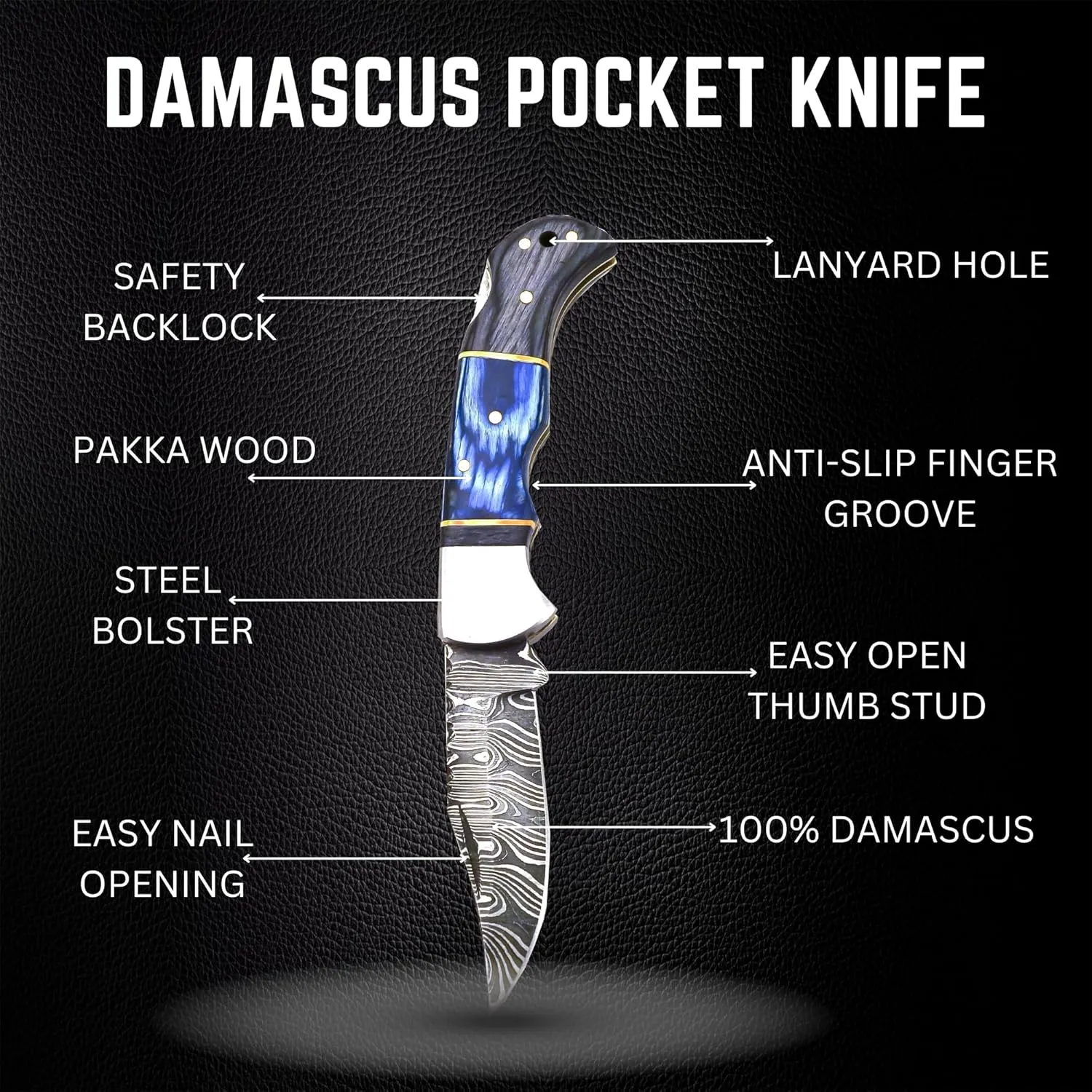 Handmade Damascus Pocket Knife for Men - 6.5 Inches Damascus Folding Pocket Knife with Clip Belt Holster Sheath - Pocket Knives & Folding Knives with Back Lock - EDC Knife Pocket.(Blue with Clip)