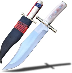 Handmade Historical Bowie Survival Knife - 12 Inch Carbon Steel Blade, Bone Handle, 18 Inch Total Length with Sheath for Hunting, Camping, and Tactical Use