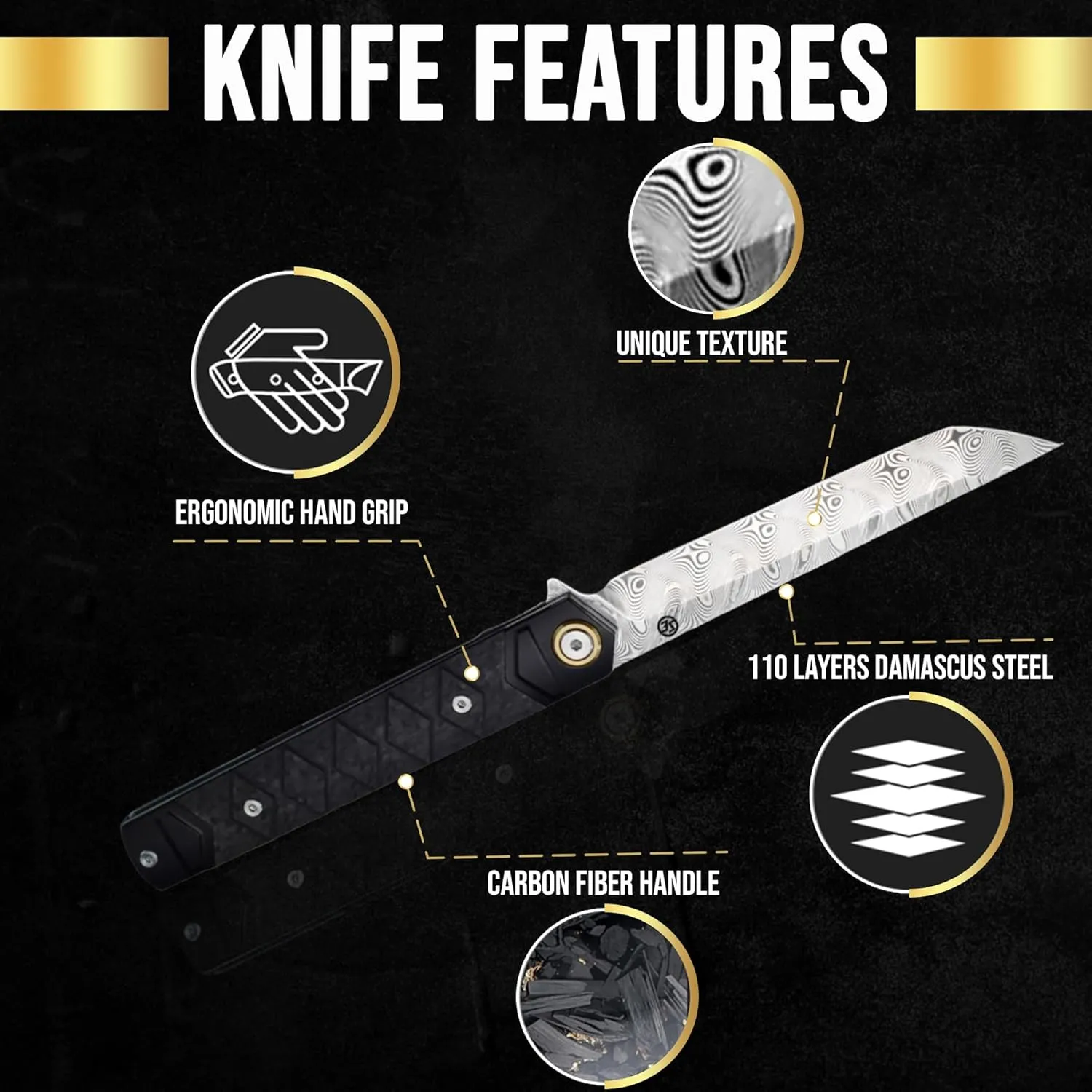 Hannya Samurai Japanese-Inspired Folding Knife | Pocket Knife for Men with Carbon Fiber Handle, 110-Layer Damascus Blade & Embossed Leather Sheath | Tactical Gear EDC Knife with Liner Lock