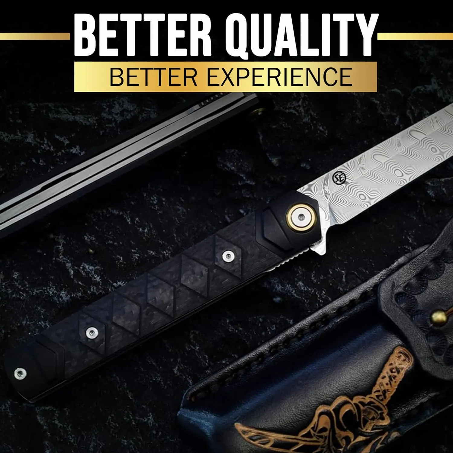 Hannya Samurai Japanese-Inspired Folding Knife | Pocket Knife for Men with Carbon Fiber Handle, 110-Layer Damascus Blade & Embossed Leather Sheath | Tactical Gear EDC Knife with Liner Lock