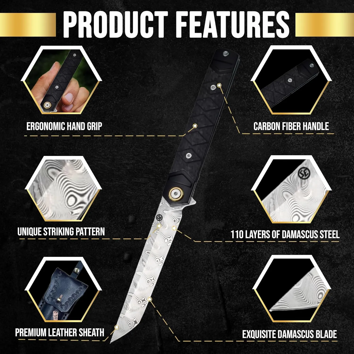 Hannya Samurai Japanese-Inspired Folding Knife | Pocket Knife for Men with Carbon Fiber Handle, 110-Layer Damascus Blade & Embossed Leather Sheath | Tactical Gear EDC Knife with Liner Lock