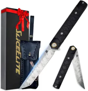 Hannya Samurai Japanese-Inspired Folding Knife | Pocket Knife for Men with Carbon Fiber Handle, 110-Layer Damascus Blade & Embossed Leather Sheath | Tactical Gear EDC Knife with Liner Lock