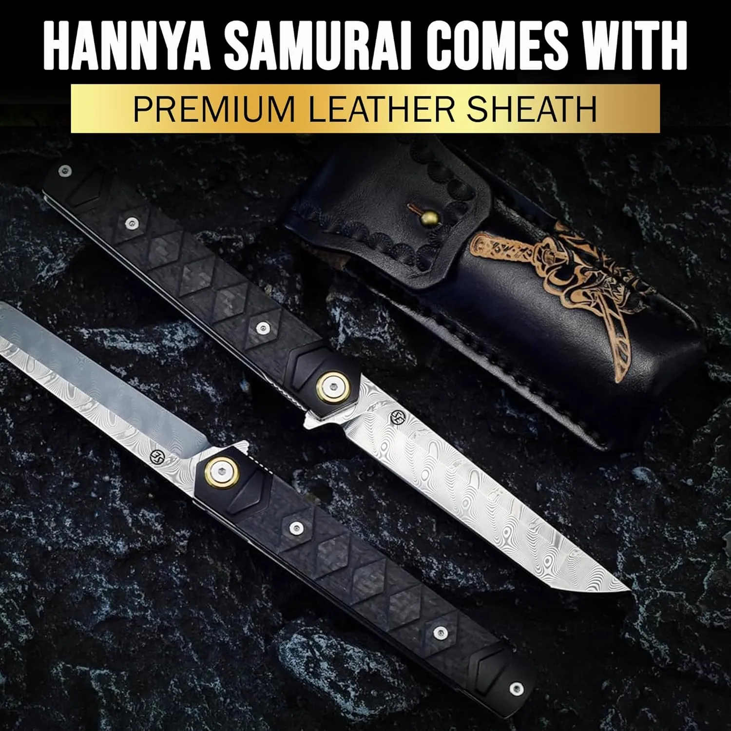 Hannya Samurai Japanese-Inspired Folding Knife | Pocket Knife for Men with Carbon Fiber Handle, 110-Layer Damascus Blade & Embossed Leather Sheath | Tactical Gear EDC Knife with Liner Lock