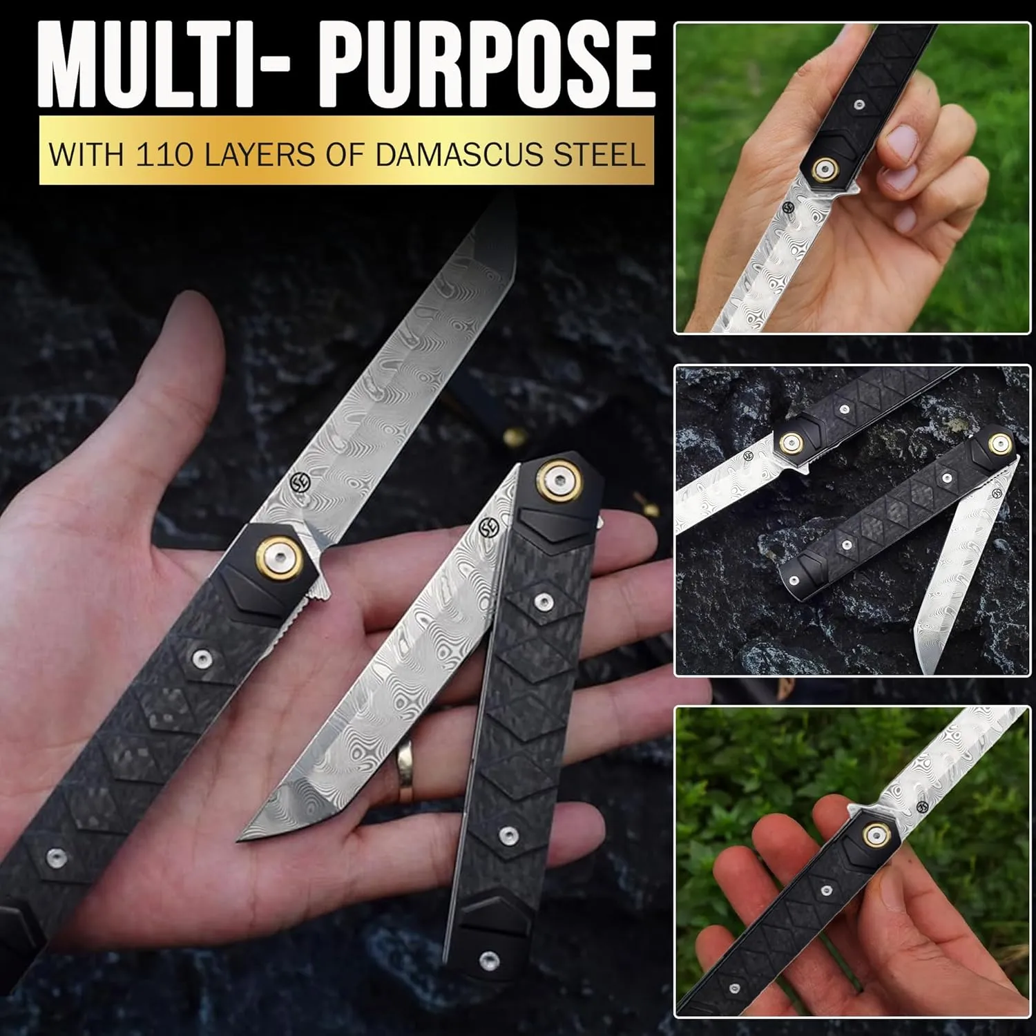 Hannya Samurai Japanese-Inspired Folding Knife | Pocket Knife for Men with Carbon Fiber Handle, 110-Layer Damascus Blade & Embossed Leather Sheath | Tactical Gear EDC Knife with Liner Lock