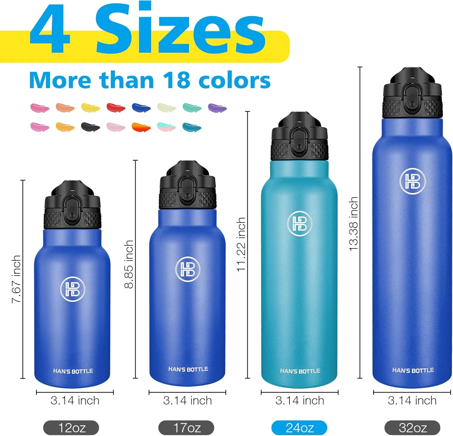 Han's Bottle Sports Water Bottle - 24 Oz, Straw Lid, Leak Proof, Vacuum Insulated Stainless Steel, Double Walled, Thermo Mug,Ocean