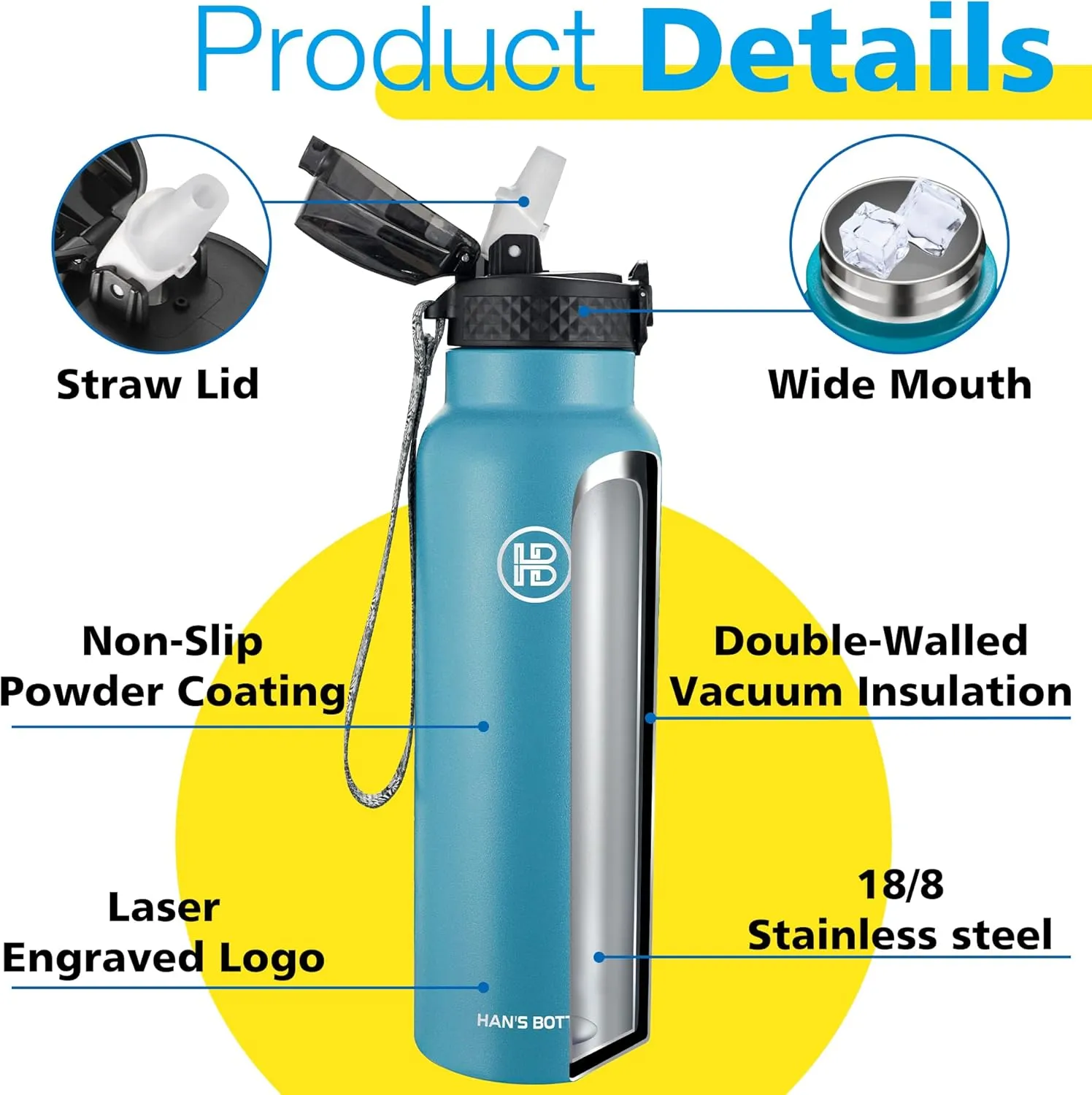 Han's Bottle Sports Water Bottle - 24 Oz, Straw Lid, Leak Proof, Vacuum Insulated Stainless Steel, Double Walled, Thermo Mug,Ocean