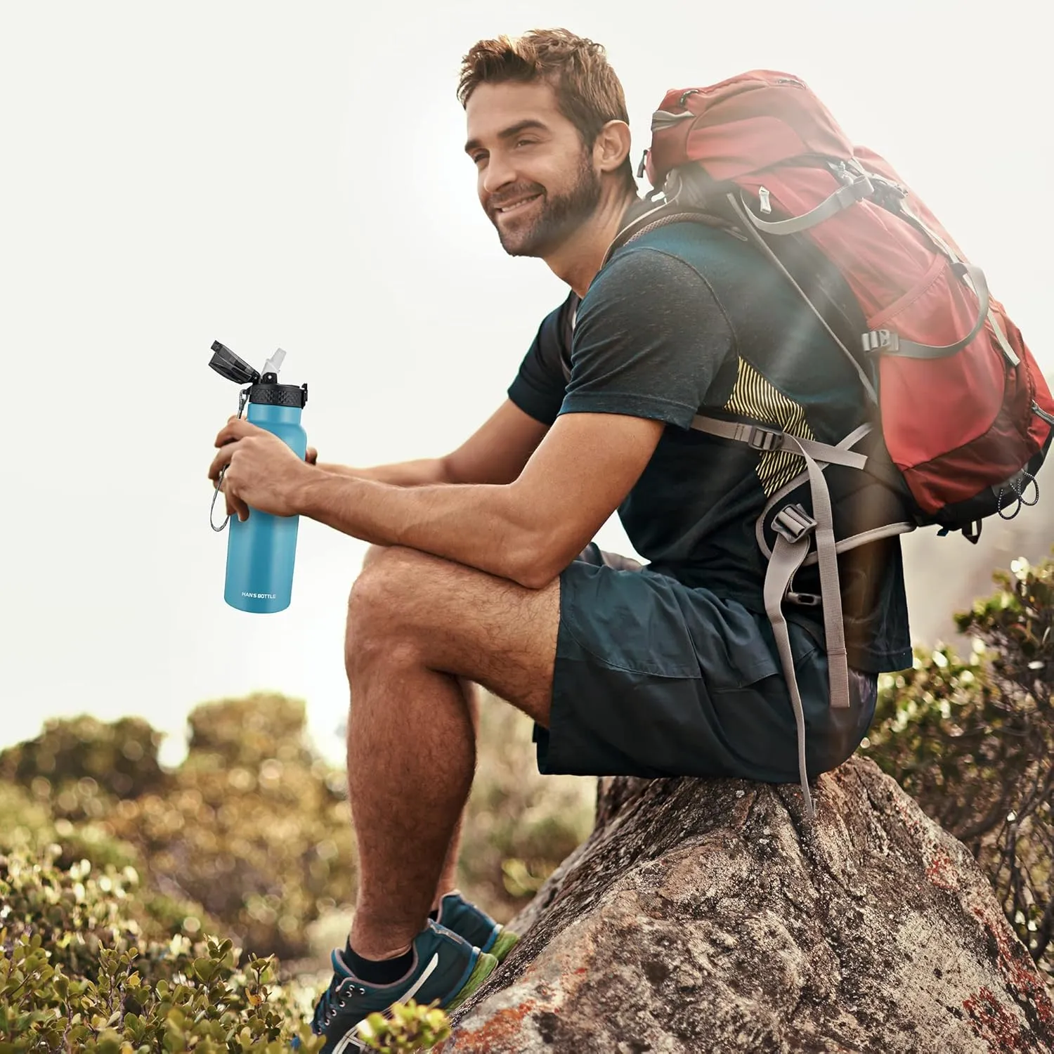 Han's Bottle Sports Water Bottle - 24 Oz, Straw Lid, Leak Proof, Vacuum Insulated Stainless Steel, Double Walled, Thermo Mug,Ocean