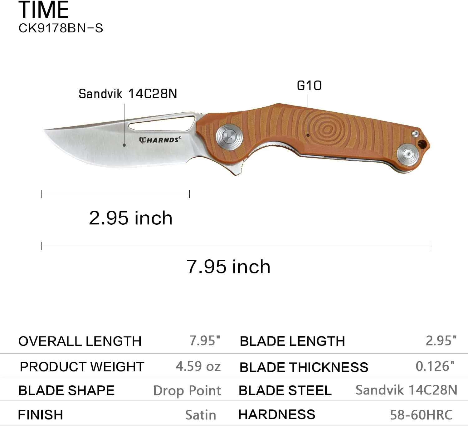 Harnds Time Folding Knife with Sandvik 14C28N Steel Blade Pocket Knife with G10 Handle Camping Knife with Pocket Clip (Brown)