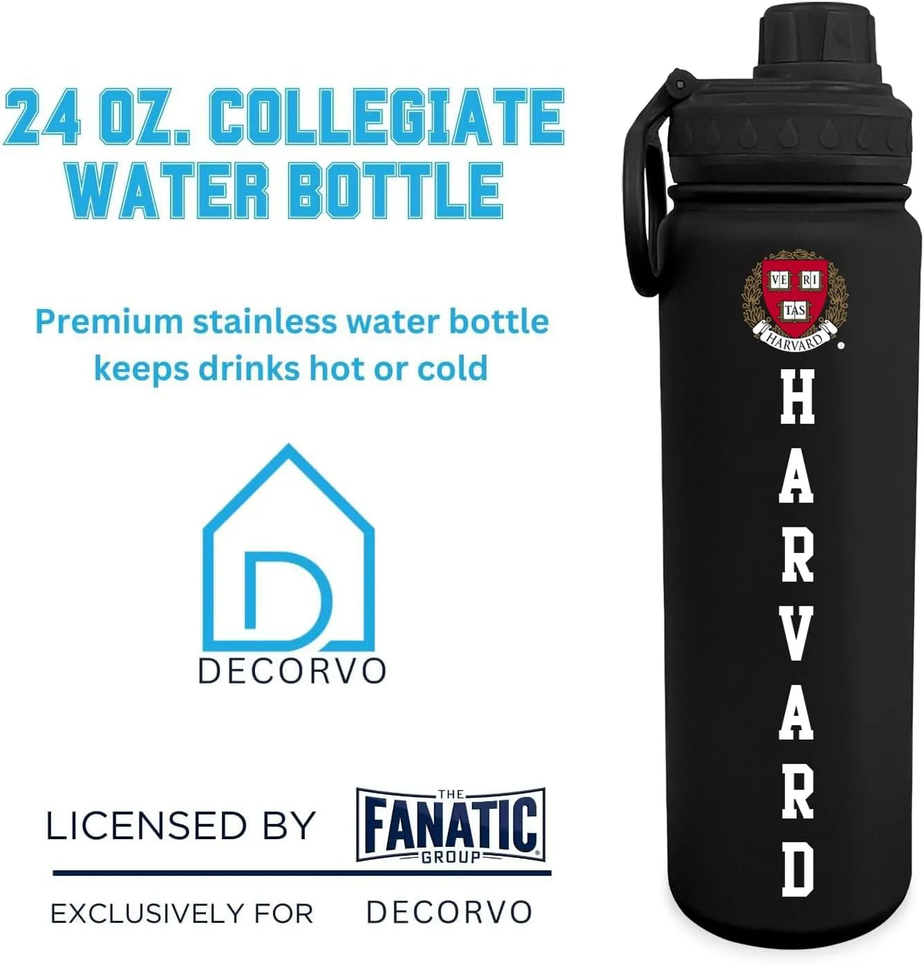 Harvard Logo Water Bottle - Black Double Walled Stainless Steel 24 oz Keeps Drinks Cold or Hot