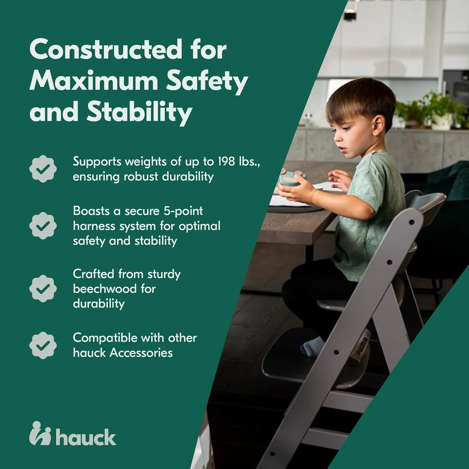 hauck Alpha  Grow Along Solid Beechwood Boosted Highchair with Adjustable Seat, 5 Point Safety Harness, and Bumper Bar for Infants and Toddlers, Grey