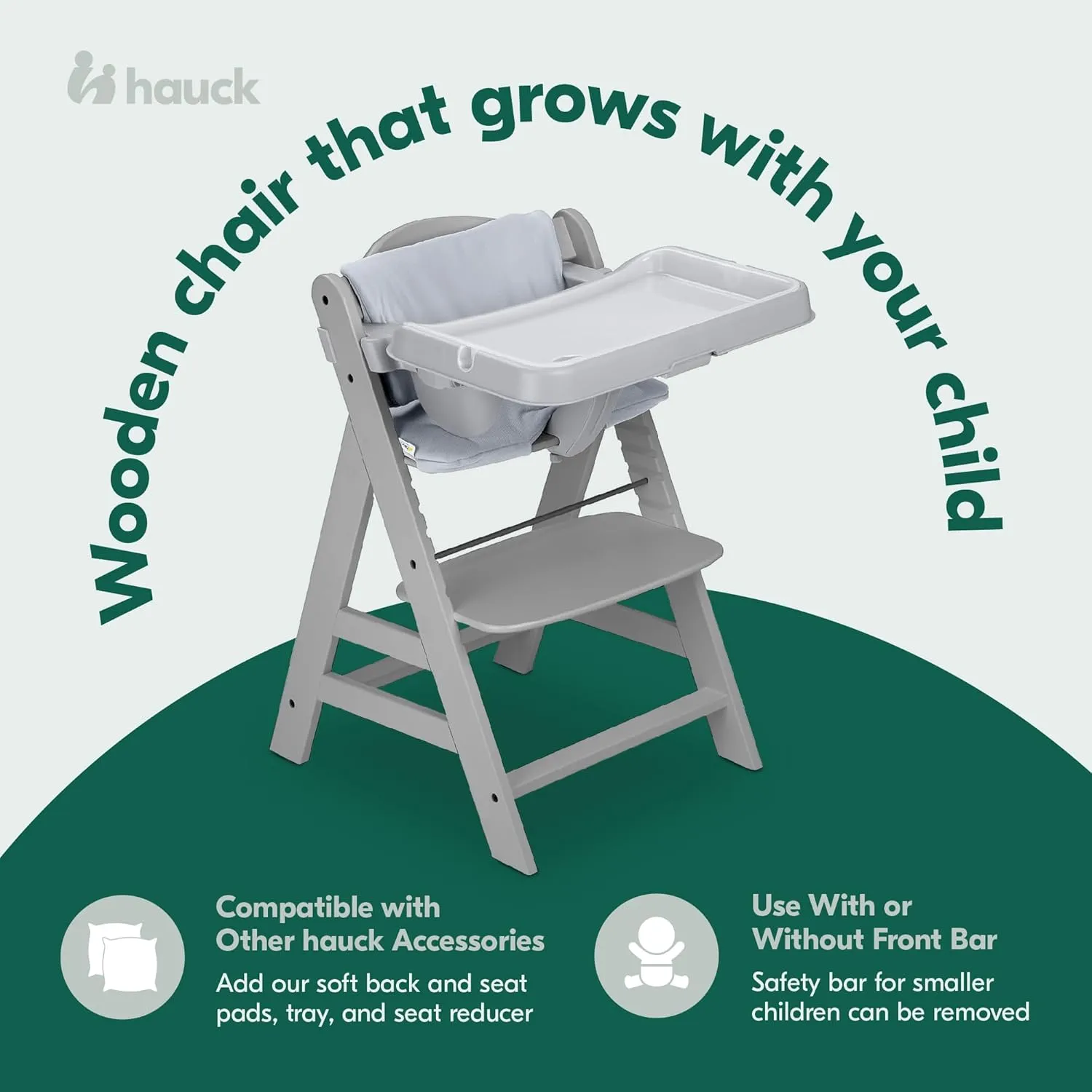 hauck Alpha  Grow Along Solid Beechwood Boosted Highchair with Adjustable Seat, 5 Point Safety Harness, and Bumper Bar for Infants and Toddlers, Grey