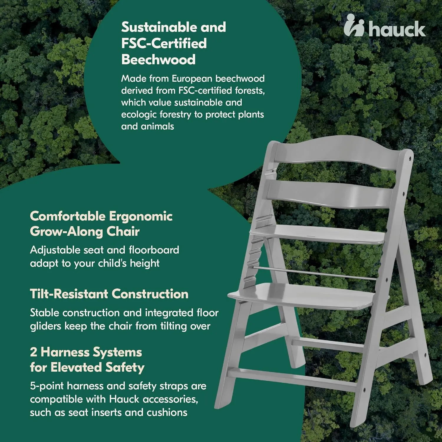 hauck Alpha  Grow Along Solid Beechwood Boosted Highchair with Adjustable Seat, 5 Point Safety Harness, and Bumper Bar for Infants and Toddlers, Grey