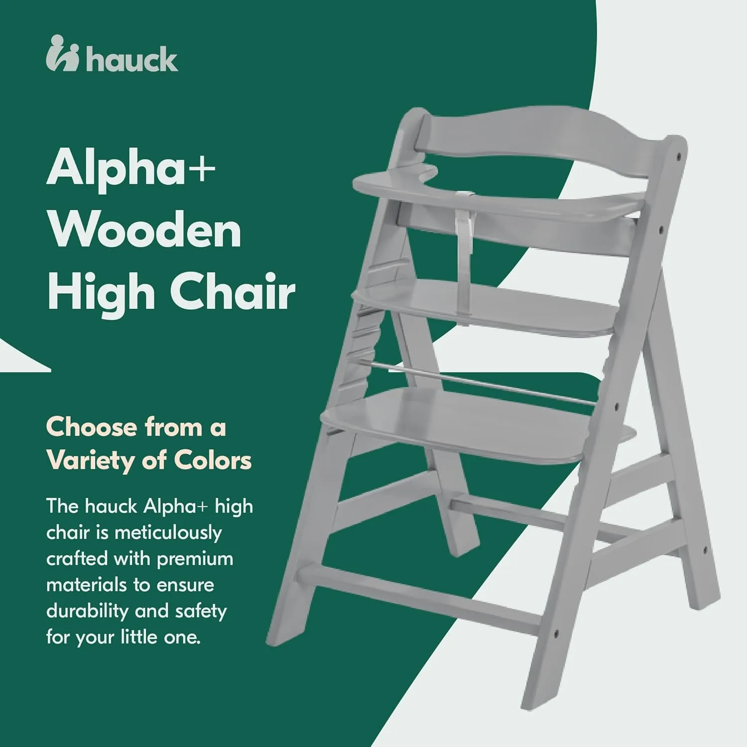 hauck Alpha  Grow Along Solid Beechwood Boosted Highchair with Adjustable Seat, 5 Point Safety Harness, and Bumper Bar for Infants and Toddlers, Grey