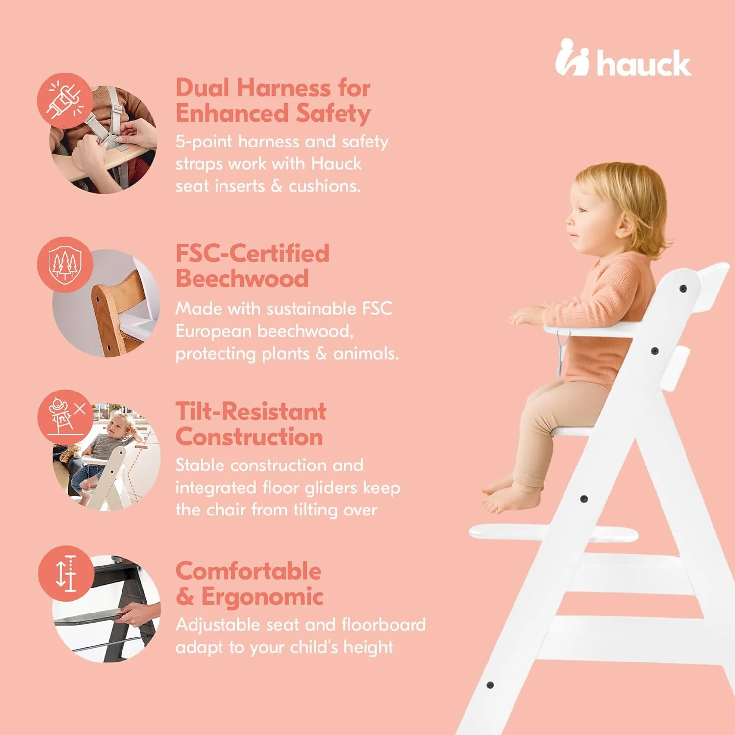 hauck Alpha  Grow Along Solid Beechwood Highchair with Adjustable Seat, White